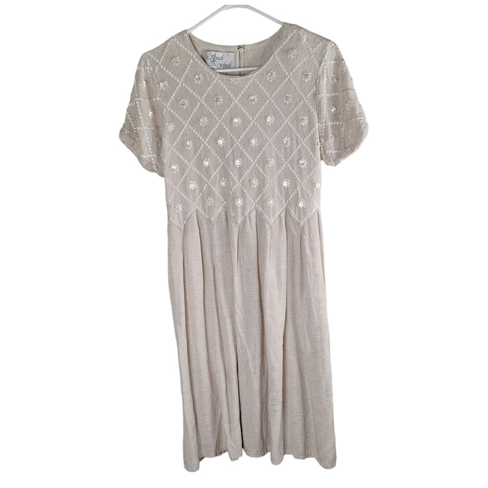 Vintage Sarah Elizabeth Linen Ivory Beige Button Short Sleeve Dress 10P Cottage